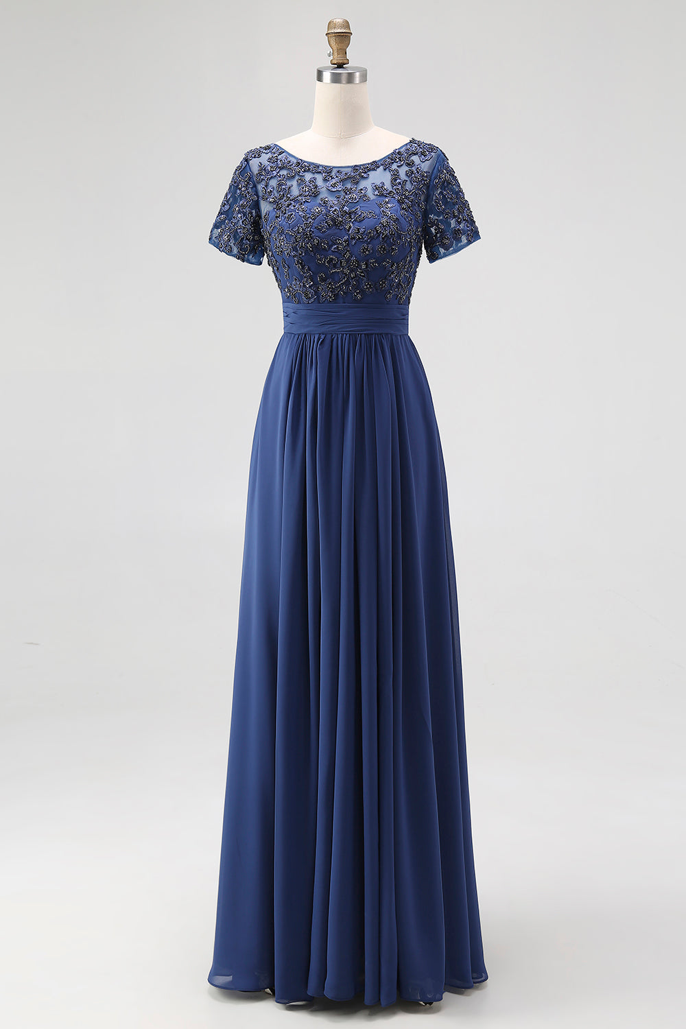 Navy A-Line Boat Neck Lace Appliques Chiffon Long Mother Of the Bride Dress with Short Sleeves