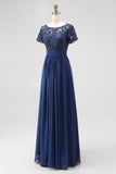 Navy A-Line Boat Neck Short Sleeves Chiffon Long Mother Of the Bride Dress with Lace Appliques