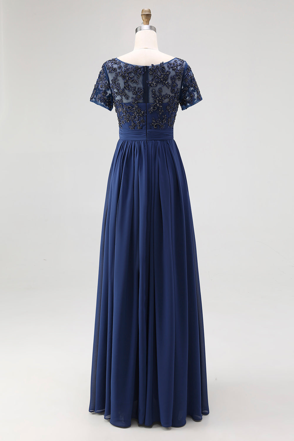 Navy A-Line Boat Neck Short Sleeves Chiffon Long Mother Of the Bride Dress with Lace Appliques