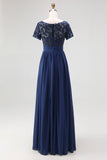 Navy A-Line Boat Neck Short Sleeves Chiffon Long Mother Of the Bride Dress with Lace Appliques
