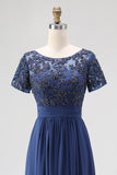 Navy A-Line Boat Neck Short Sleeves Chiffon Long Mother Of the Bride Dress with Lace Appliques