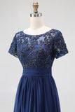 Navy A-Line Boat Neck Short Sleeves Chiffon Long Mother Of the Bride Dress with Lace Appliques