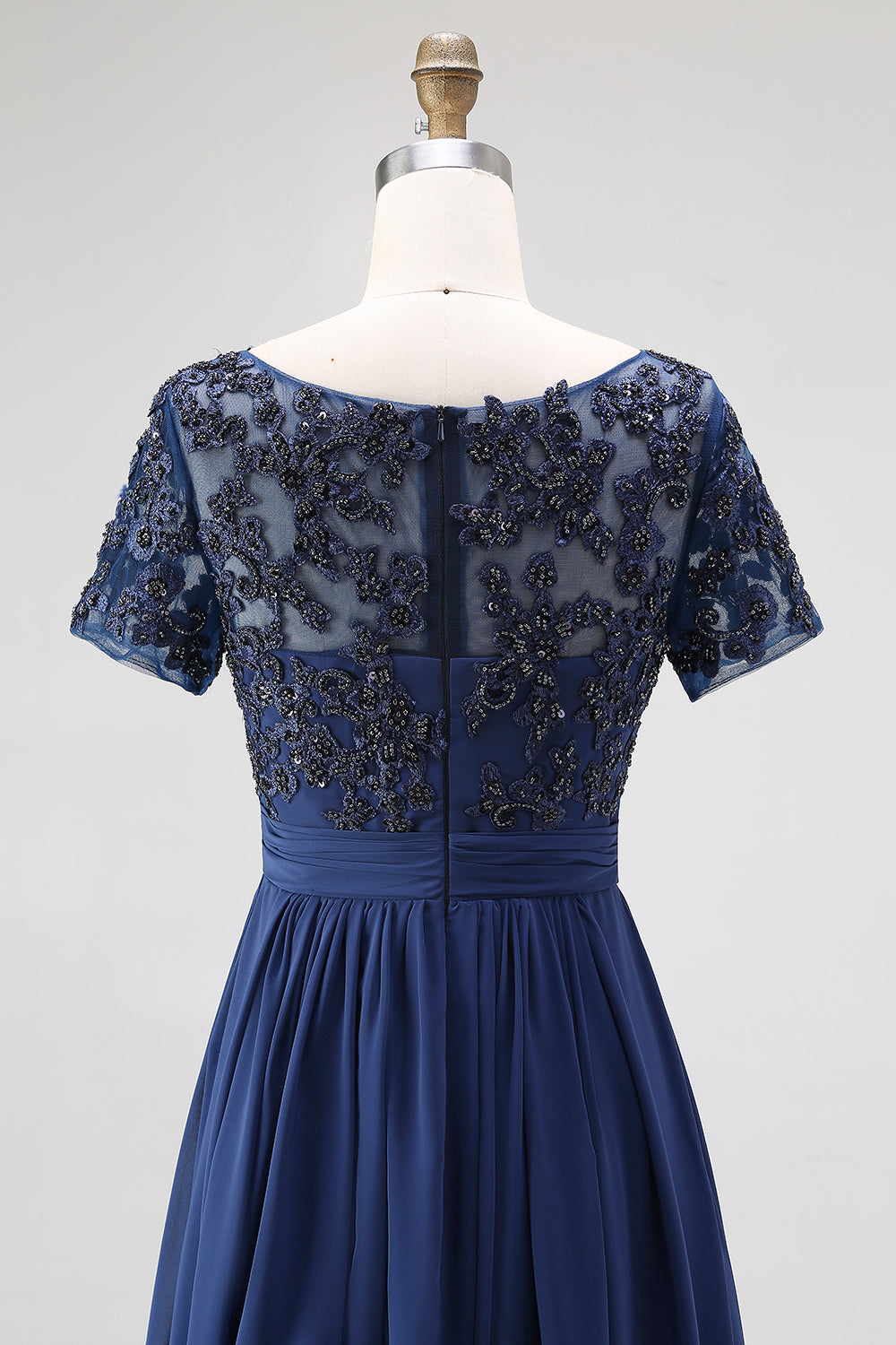 Navy A-Line Boat Neck Short Sleeves Chiffon Long Mother Of the Bride Dress with Lace Appliques