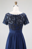 Navy A-Line Boat Neck Short Sleeves Chiffon Long Mother Of the Bride Dress with Lace Appliques