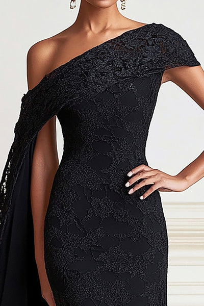 ZAPAKA Women Black Long Mother of the Bride Dress Mermaid One Shoulder Lace Wedding Guest Dress with Side Shoulder Cape, Black / US10 ZAPAKA Women Black Long Mother of the Bride Dress Mermaid One Shoulder Lace Wedding Guest Dress with Side Shoulder Cape, Black / US10