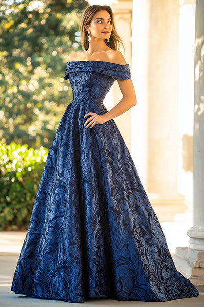 Floor Length Formal Gown One Shoulder Jacquard Dress In Blue Gold - Adrianna Papell Long Corset Dress With Bow Floor Length Formal Gown One Shoulder Jacquard Dress In Blue Gold - Adrianna Papell Long Corset Dress With Bow