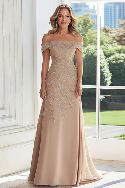 Taupe Lace Applique Sheath Off the Shoulder Mother of the Bride Dress - Main Image
