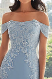 Elegant Sky Blue Sheath Off the Shoulder Chiffon Long Mother of the Bride with Appliques