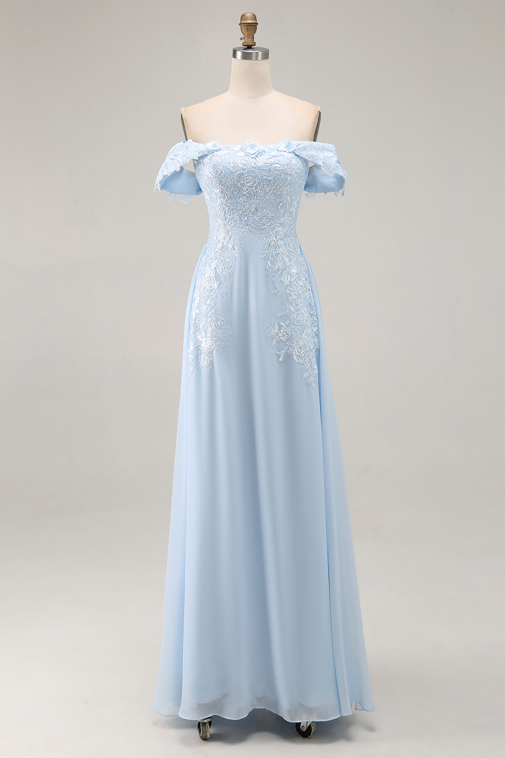 Elegant Sky Blue Sheath Off the Shoulder Chiffon Long Mother of the Bride with Appliques