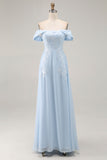 Elegant Sky Blue Sheath Off the Shoulder Chiffon Long Mother of the Bride with Appliques
