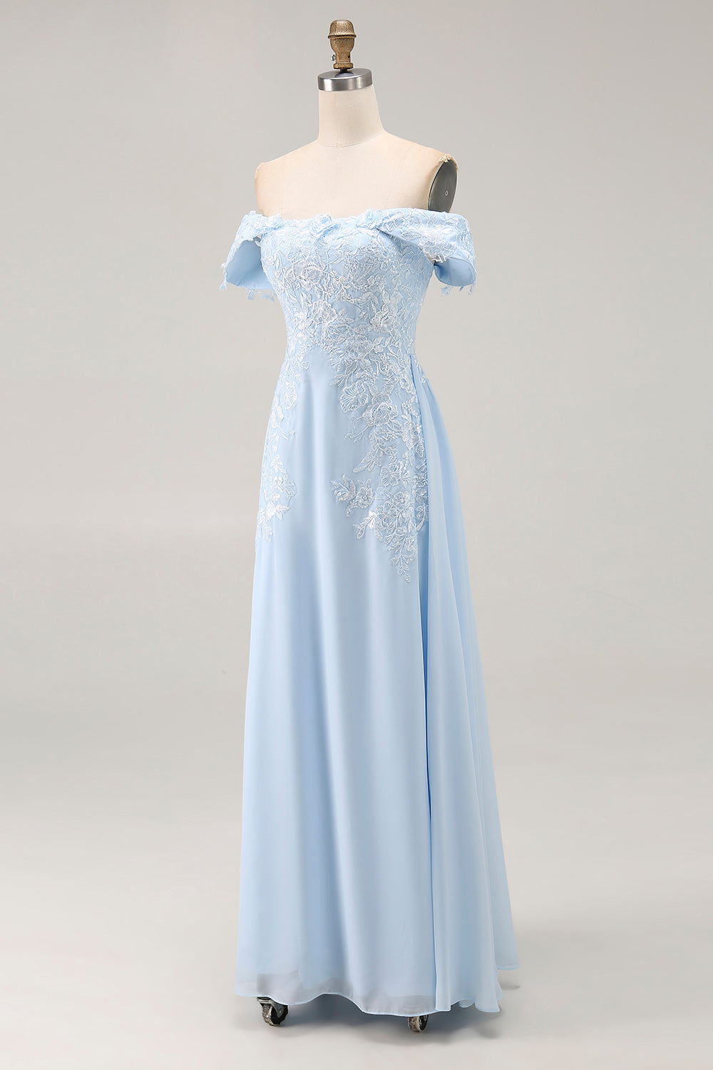 Elegant Sky Blue Sheath Off the Shoulder Chiffon Long Mother of the Bride with Appliques