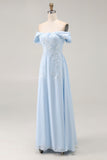 Elegant Sky Blue Sheath Off the Shoulder Chiffon Long Mother of the Bride with Appliques