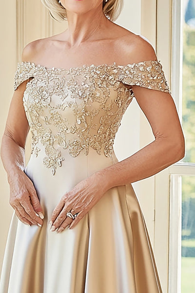 Zapaka Women Elegant Champagne Mother of The Bride with Embroidery Off The Shoulder A-Line Matte Satin Long Formal Dress, Champagne / US6