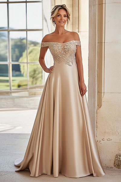 off the shoulder mother of the bride dress champagne Zapaka Women Glitter Champagne Metallic Long Mother of the Bride Dress with Slit A Line Off the Shoulder Ruched Prom Dress, Champagne / US24W