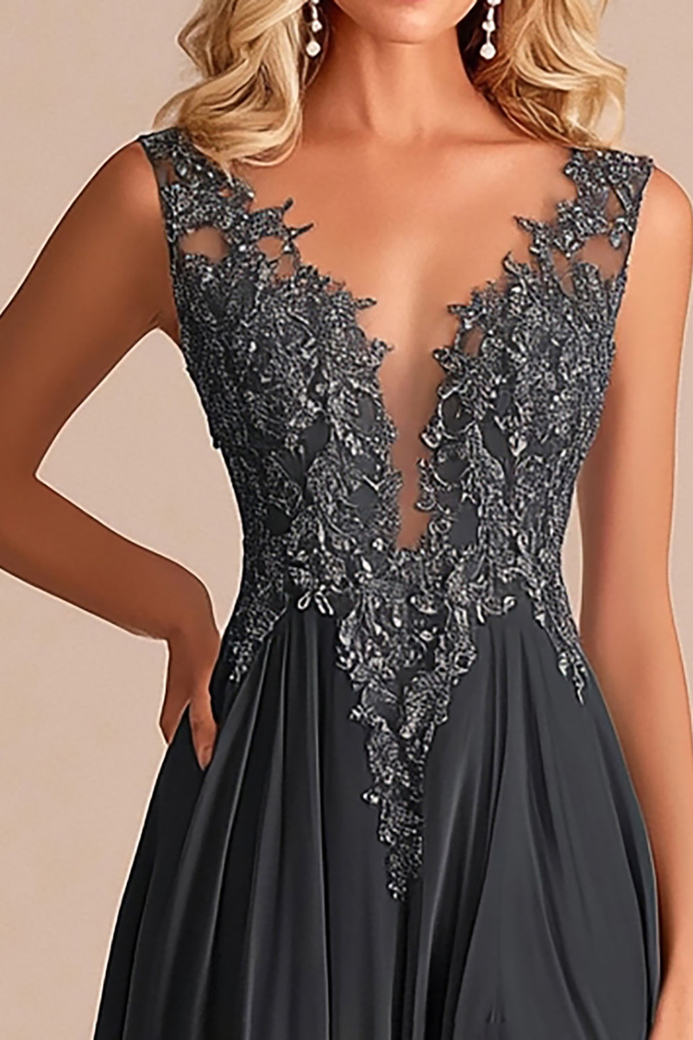 Charcoal A Line V-Neck Lace Long Mother of the Bride Dress with Appliques