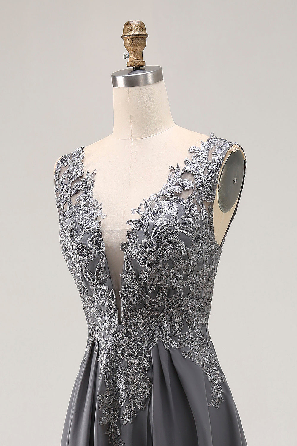 Charcoal A Line V-Neck Lace Long Mother of the Bride Dress with Appliques