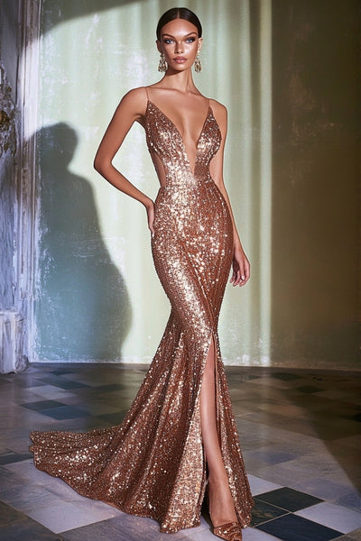Zapaka Women Rose Gold Formal Dress with Slit Sequin Mermaid Cut Out Deep V-Neck Spaghetti Straps Long Formal Wear Dress, Rose Pink / US16 Zapaka Women Rose Gold Formal Dress with Slit Sequin Mermaid Cut Out Deep V-Neck Spaghetti Straps Long Formal Wear Dress, Rose Pink / US16