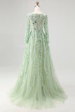 Sparkly Dusty Sage Sequin A-Line Prom Dress with Long Sleeves