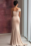 Light Khaki Jersey Sheath One Shoulder Pleated Gala Dress