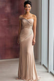 One Shoulder Light Khaki Jersey Sheath Pleated Gala Dress