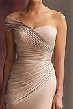 One Shoulder Light Khaki Jersey Sheath Pleated Gala Dress
