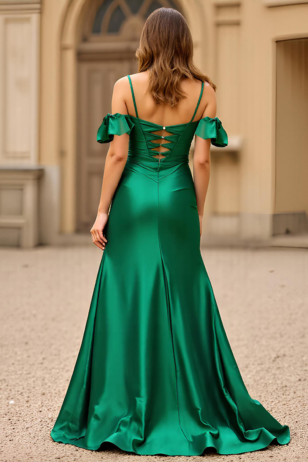 Cold Shoulder Dark Green Satin Long Prom Dress with Slit