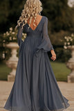 Dark Grey Mermaid Wrap Long Sleeves Ruffled Chiffon Long Mother of the Bride Dress