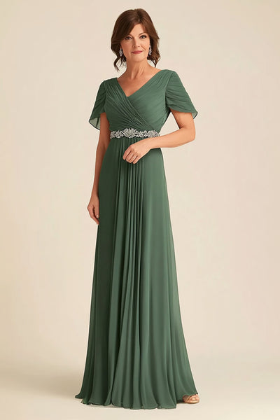 ZAPAKA Women Elegant Eucalyptus A Line Ruched Mother Of Bride Dress With Belt Formal Dress