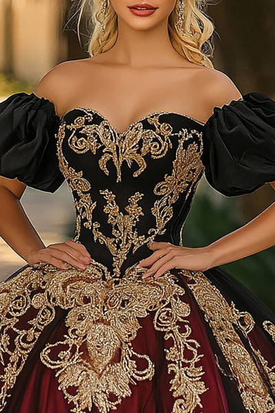Zapaka Women Burgundy and Black Off the Shoulder Ball Gown Quinceanera Dress Organza Appliqued Sweet 16 Dress with Puff Sleeves, Burgundy+Black / US16 Zapaka Women Burgundy and Black Off the Shoulder Ball Gown Quinceanera Dress Organza Appliqued Sweet 16 Dress with Puff Sleeves, Burgundy+Black / US16