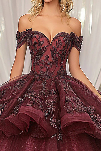 ZAPAKA Women Sparkly Burgundy Quinceanera Dress Ball Gown Off the Shoulder Ruffles Tulle Sweet 16 Dress with Sequined Appliques, Burgundy / US8 ZAPAKA Women Sparkly Burgundy Quinceanera Dress Ball Gown Off the Shoulder Ruffles Tulle Sweet 16 Dress with Sequined Appliques, Burgundy / US8