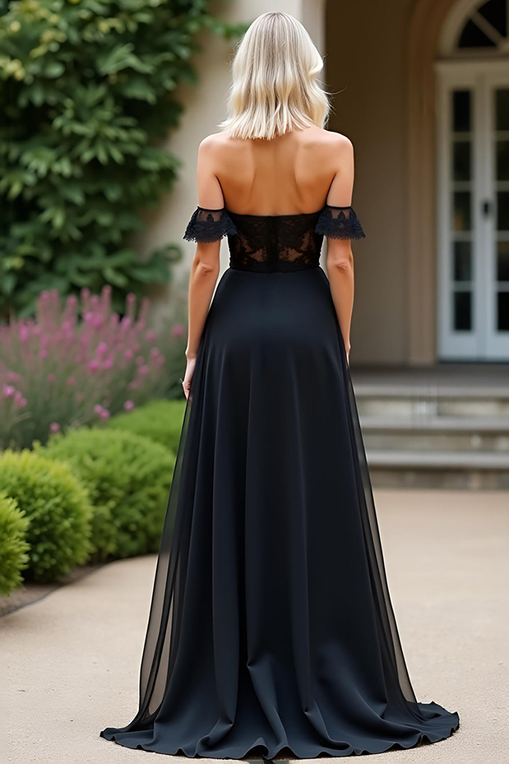 Black A Line Off The Shoulder Chiffon Lace Prom Dress with Slit