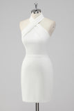 A-Line Halter Neck Satin Little White Graduation Dress