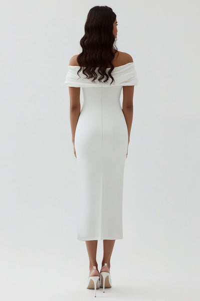 white midi graduation dresses ZAPAKA Women Asymmetrical Dress Sheath Off the Shoulder Matte Satin Cocktail Dress, Black / US10 MD-EOFY-80 Color:Ivory (Pictured) bachelorette party or any HomeRoots 36