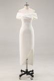 White Sheath Off the Shoulder Matte Satin Asymmetrical Graduation Dress