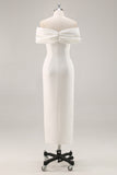 White Sheath Off the Shoulder Matte Satin Asymmetrical Graduation Dress