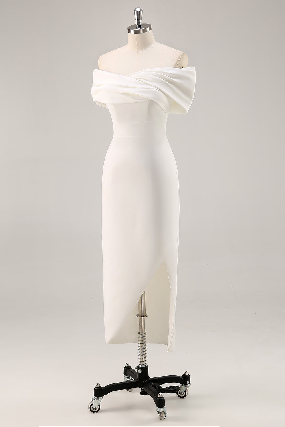 White Off the Shoulder Sheath Satin Asymmetrical Graduation Dress