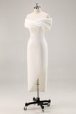 White Off the Shoulder Sheath Satin Asymmetrical Graduation Dress