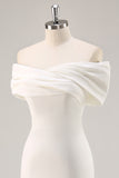 White Off the Shoulder Sheath Satin Asymmetrical Graduation Dress
