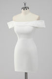 White Sheath Off the Shoulder Satin Short Graduation Dress