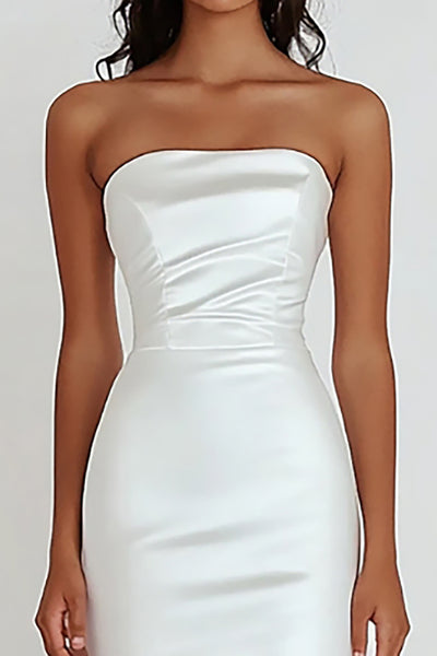 Zapaka Women White Graduation Dress Strapless Straight Sheath Satin Ruffled  Ruched Asymmetrical Long Cocktail Dress – ZAPAKA