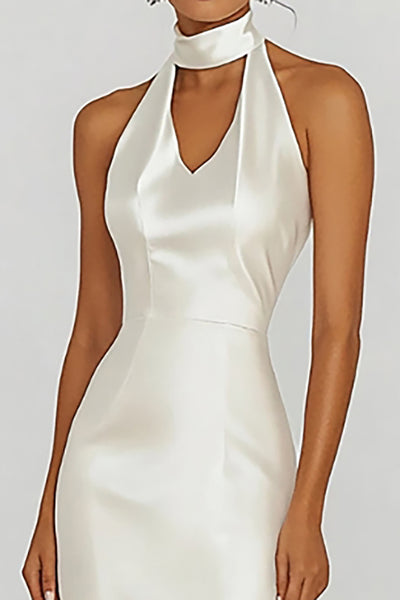 ZAPAKA Women White Graduation Dress Satin Sheath Halter Sleeveless Long  Party Dress