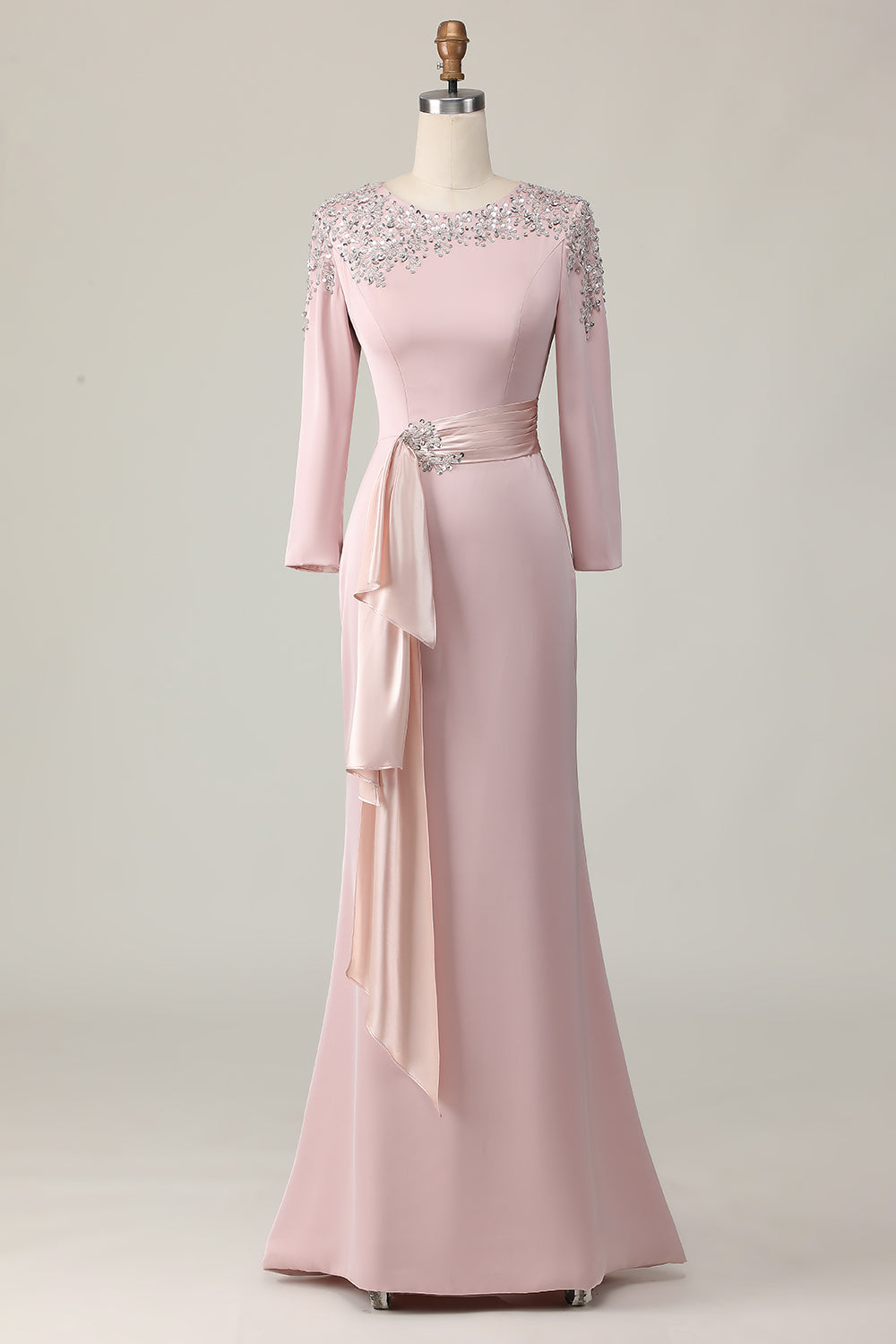 Lace Sheath Blush Mother Of The Bride Dress with Long Sleeves