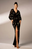 Sparkly Black Sheath V-Neck Long Sleeves Tulle Formal Dress with Sequins