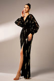 Sparkly Black Sheath V-Neck Long Sleeves Tulle Formal Dress with Sequins
