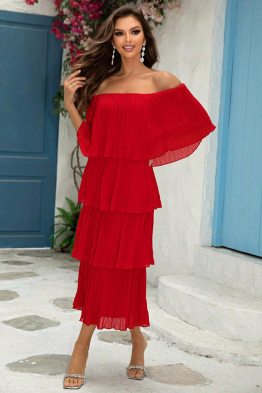Red Off The Shoulder Tiered Pleated A Line Bridesmaid Dress