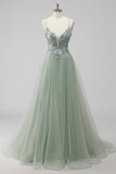 Pink A-Line Spaghetti Straps Tulle Long Prom Dress with Sequined Appliques