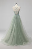 Pink A-Line Spaghetti Straps Tulle Long Prom Dress with Sequined Appliques