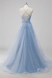 Green Sequin A Line Tulle Long Prom Dress with Lace up Back