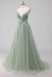 Green Sequin A Line Tulle Long Prom Dress with Lace up Back