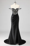 Sparkly Black Mermaid Off the Shoulder Beaded Long Prom Dress with Slit